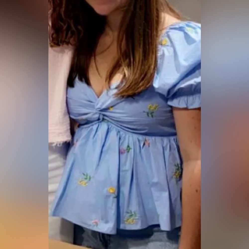 English Factory Blue Puff Sleeve Sweetheart Blouse